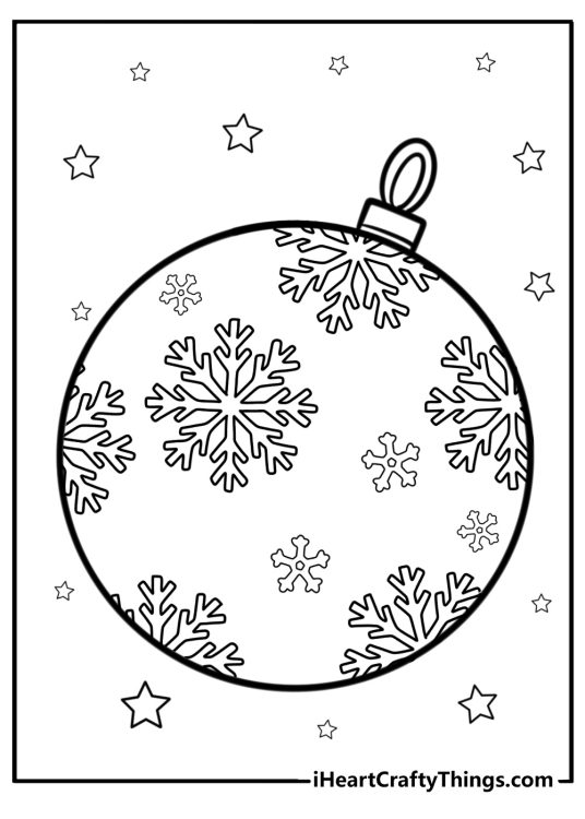 Printable coloring image presenting detailed Christmas ornament with snowflakes and stars all around it