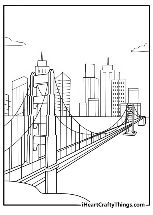 detailed city coloring printable suspension bridge leading into the downtown core