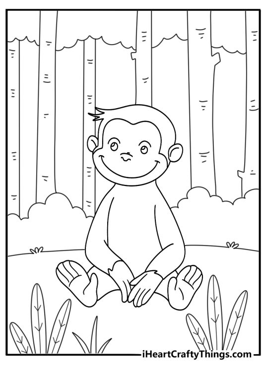 detailed coloring pdf featuring happy curious george sitting on his legs in the jungle