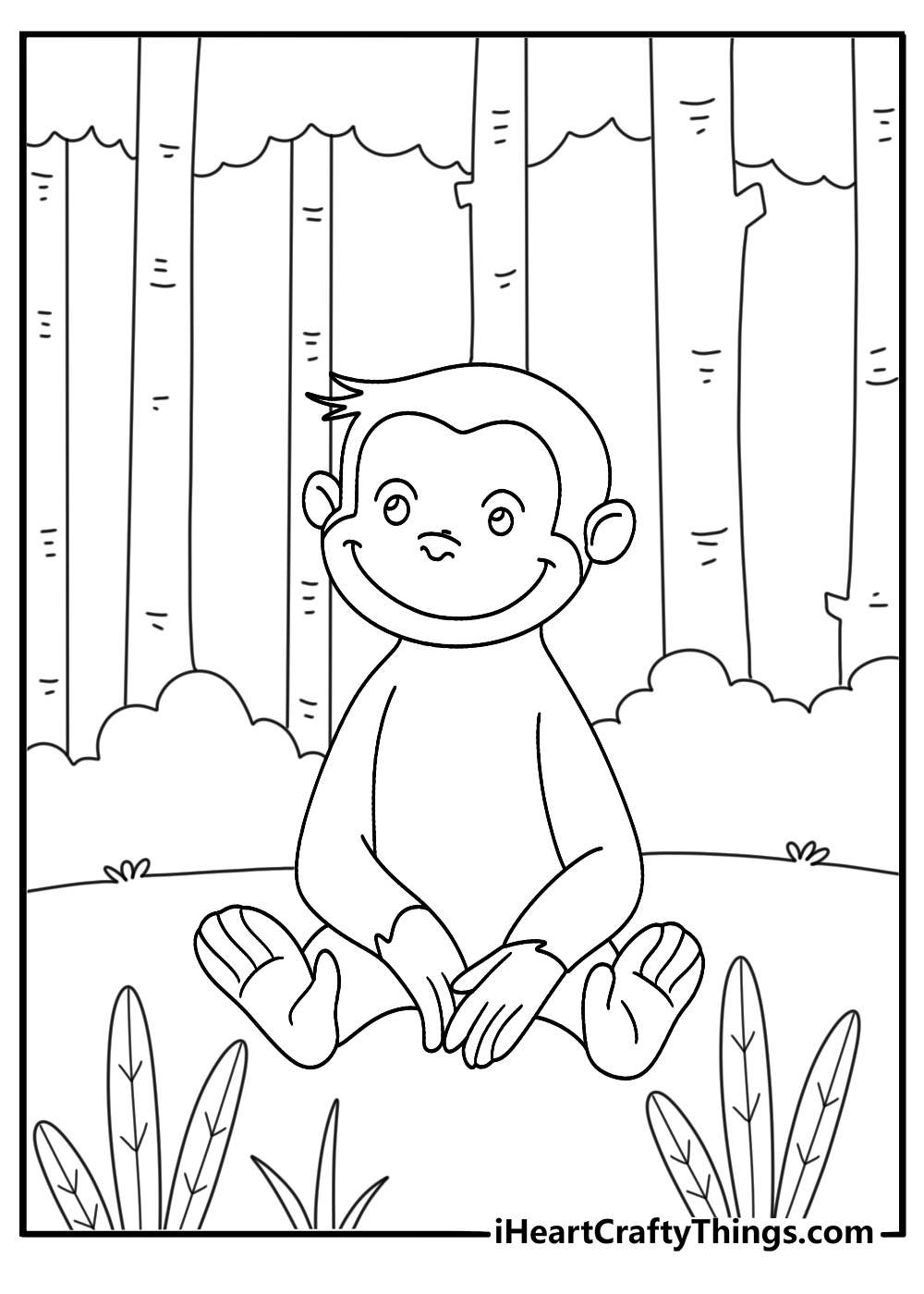 detailed coloring pdf featuring happy curious george sitting on his legs in the jungle