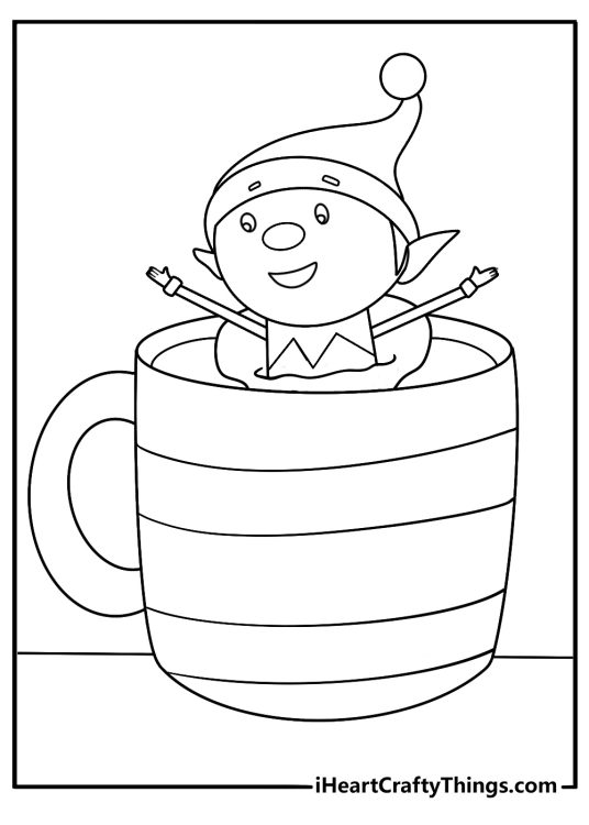 detailed elf on the shelf coloring page of elf curled inside a big mug with cocoa marshmallows