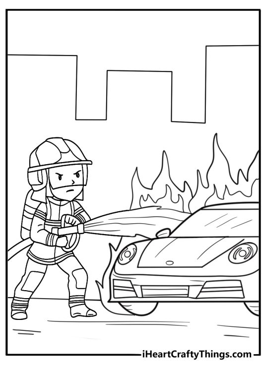 detailed firefighter spraying foam at a small car fire by the road coloring page printable pdf