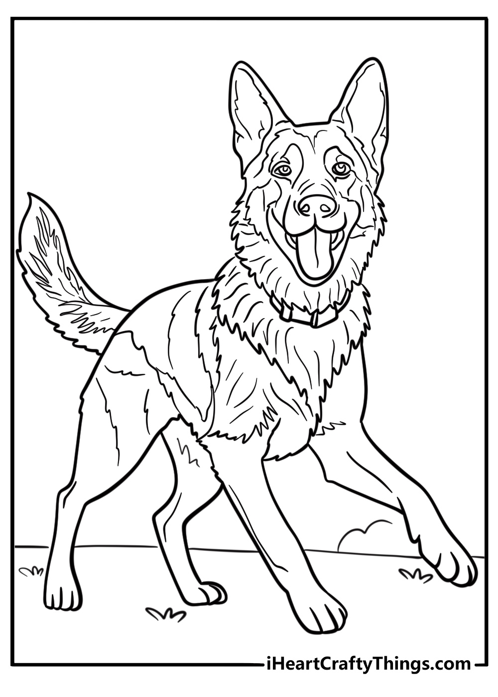 Detailed german shepherd in a playful pose coloring page