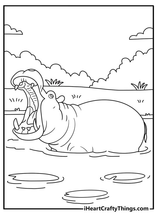 detailed hippo coloring sheet for adults hippo opening wide mouth near lily pads download