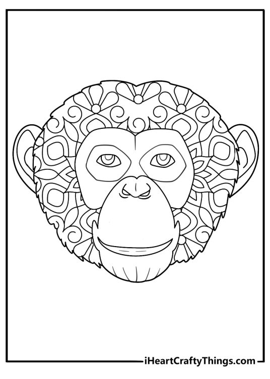 detailed mandala monkey head coloring page for adults