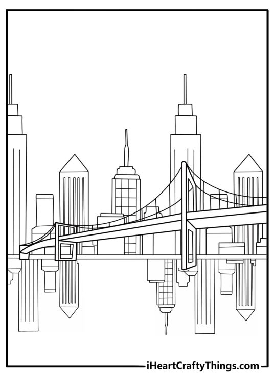 detailed metropolis coloring sheet riverfront skyline with reflections and a long bridge
