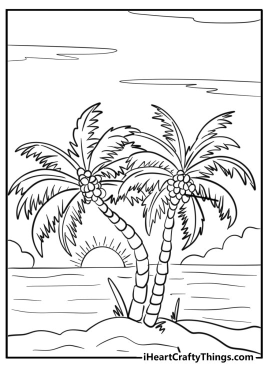 Detailed coloring poster presenting two coconut palm trees with a sea and sunset view in the background