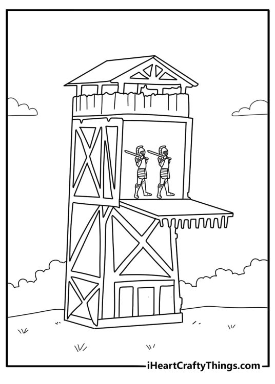 detailed printable siege tower scene with knight commander