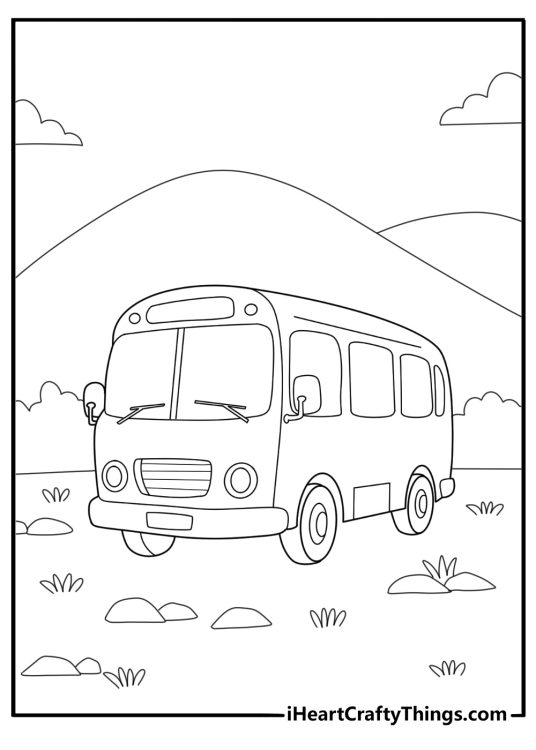 detailed school bus driving through a mountain road coloring sheet