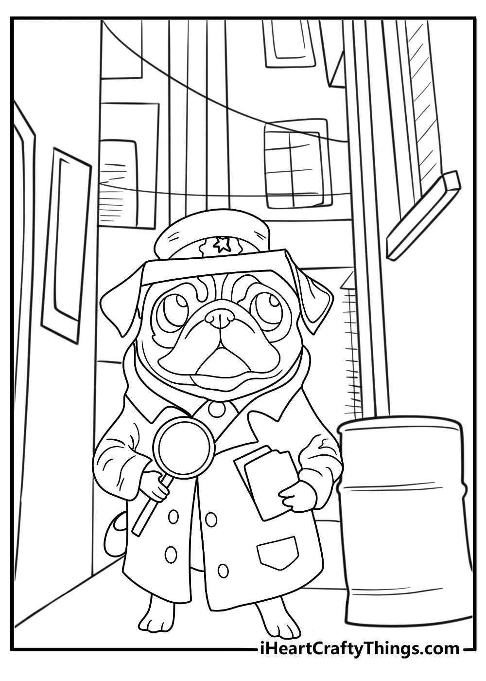 detective pug coloring page pug with hat and magnifying glass city alley background pdf