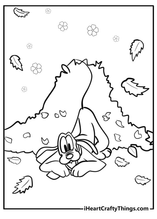 Fall-themed coloring image depicting funny dog playing around a big pile of fall leaves
