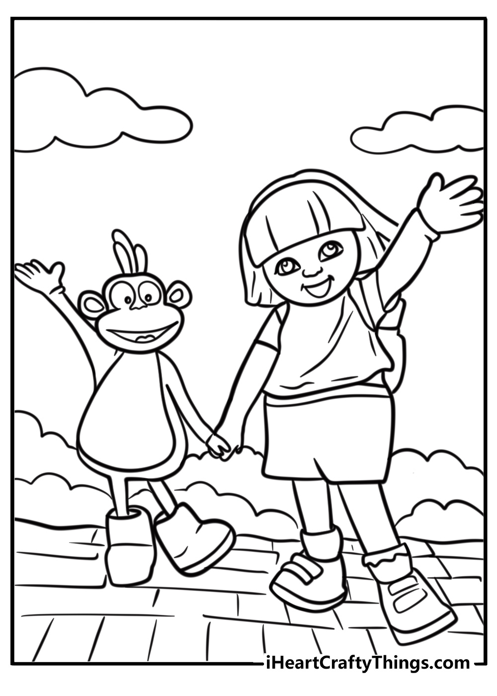 Dora and boots holding hands fun coloring sheet