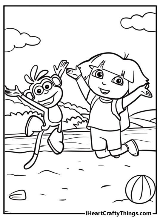 Dora and boots jumping with joy free coloring page pdf