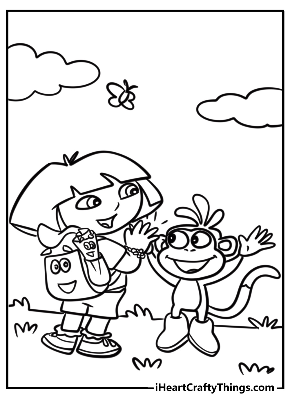 Dora and boots sharing a high-five printable coloring page