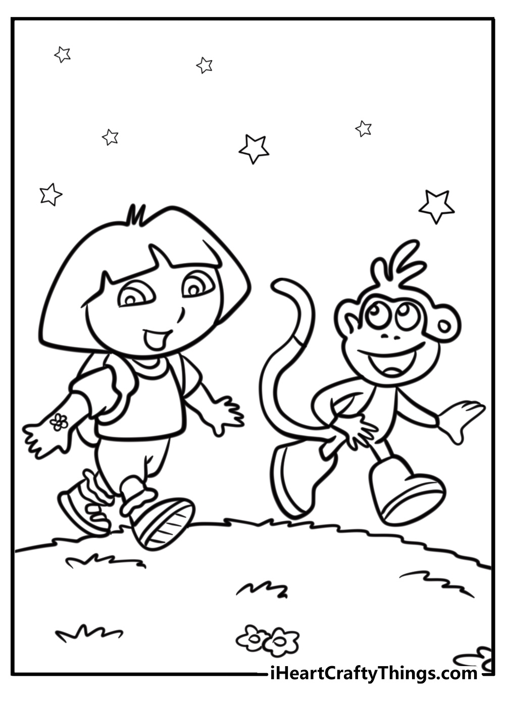 Dora and boots walking on a trail coloring page