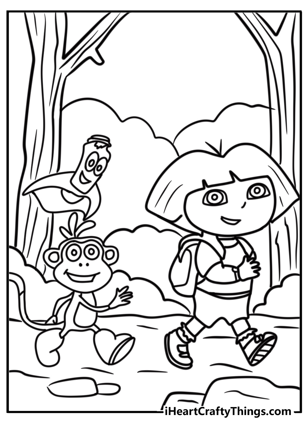 Dora and her friends in a jungle adventure coloring page