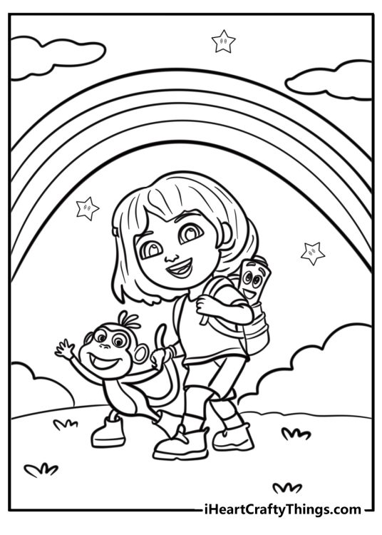 Dora and her friends under a rainbow coloring page for kids