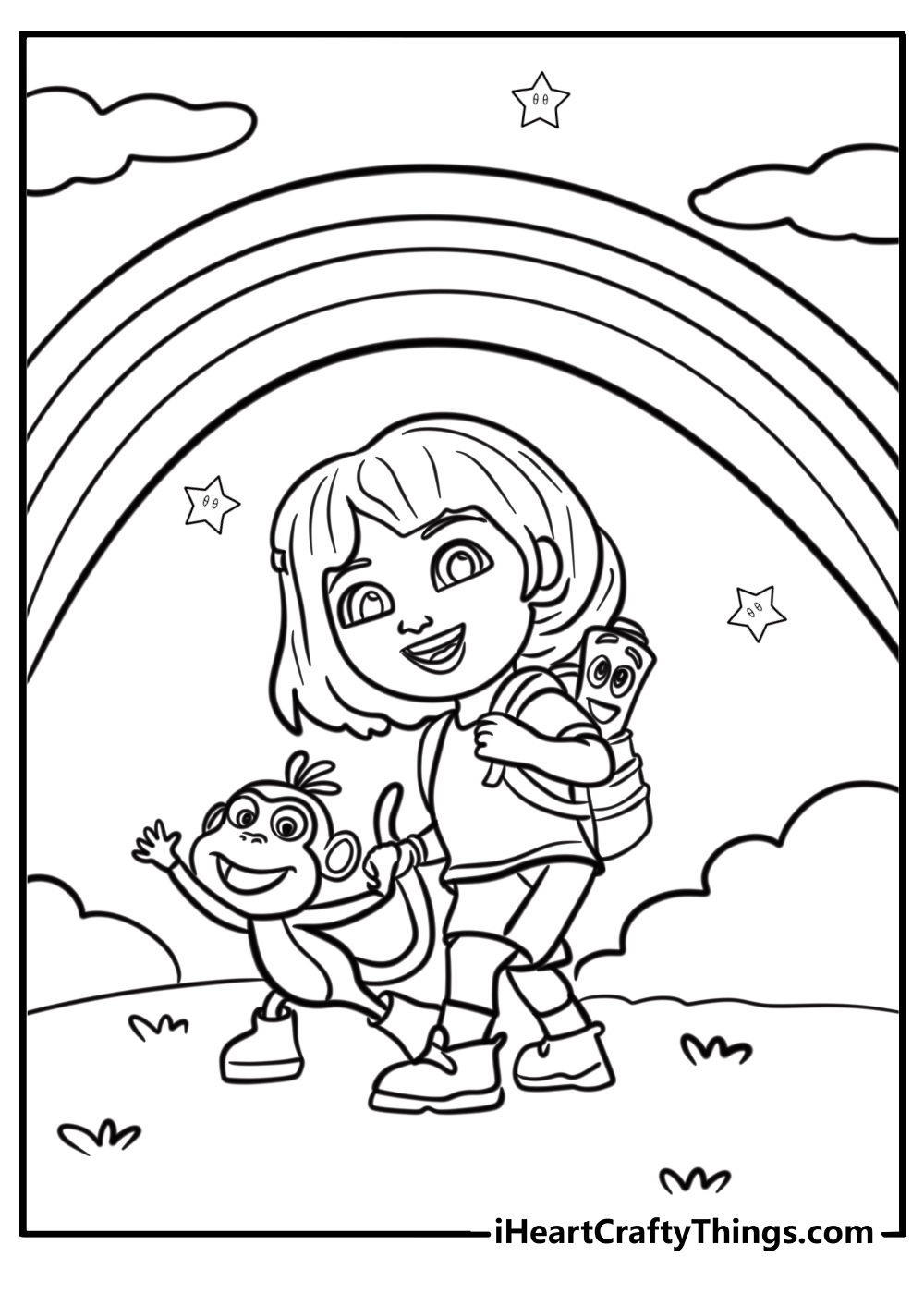 Dora and her friends under a rainbow coloring page for kids