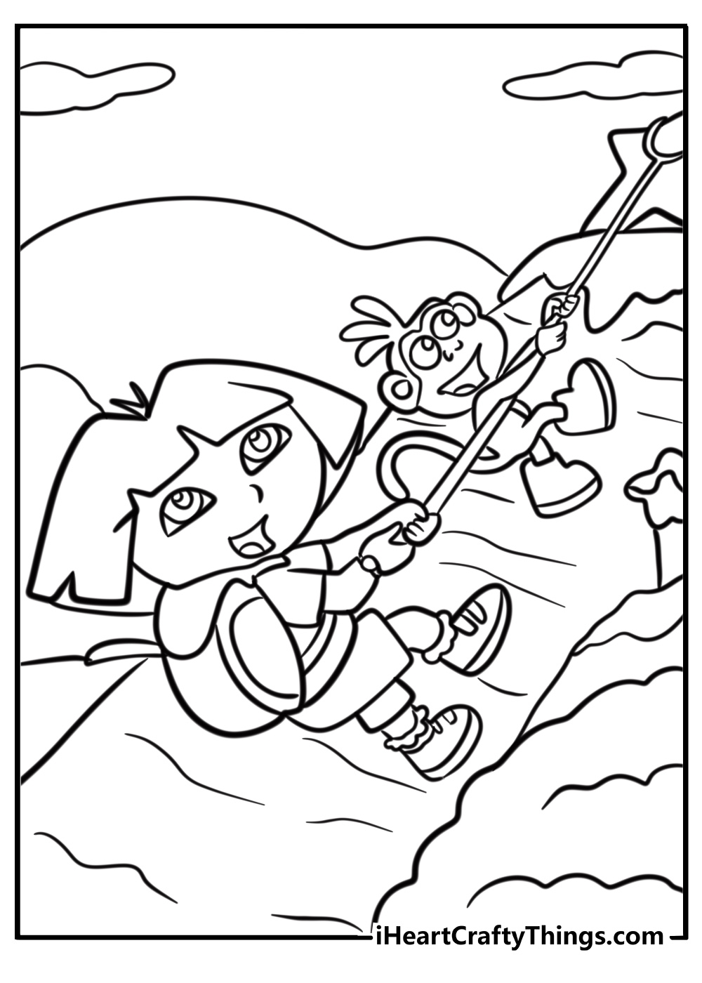 Dora climbing a mountain with boots coloring sheet for kids