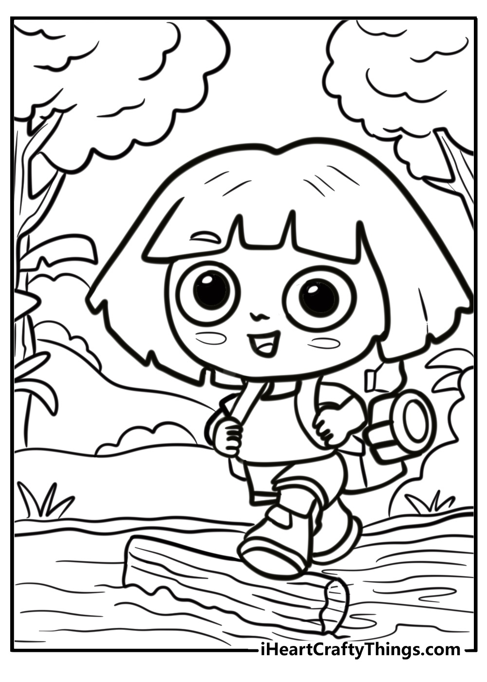 Dora crossing a river on a log bridge detailed coloring sheet