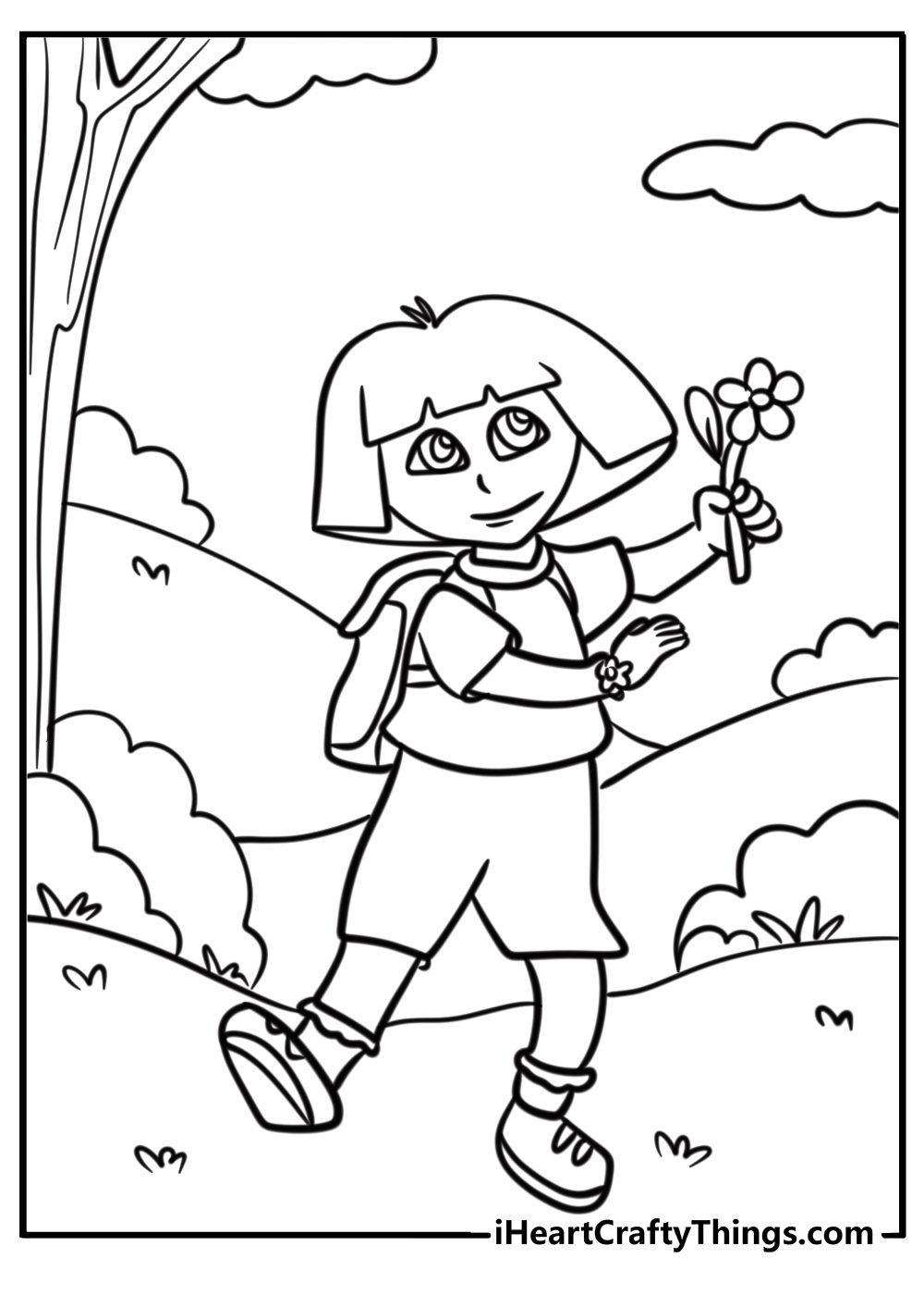 Dora holding a flower while exploring the meadow coloring sheet