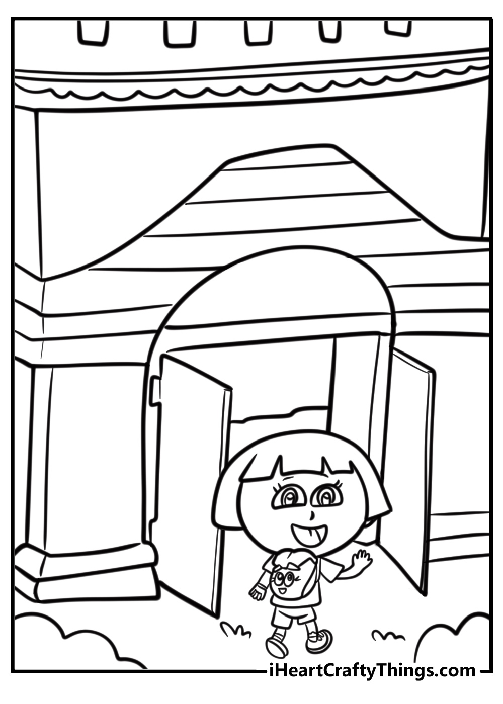 Dora in front of a castle during an adventure coloring sheet