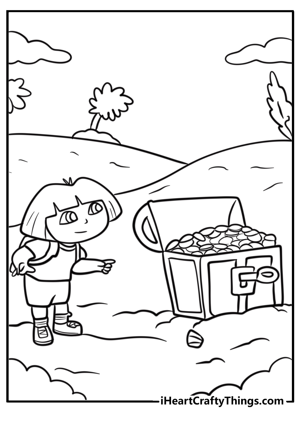 Dora pointing to a treasure chest printable coloring page