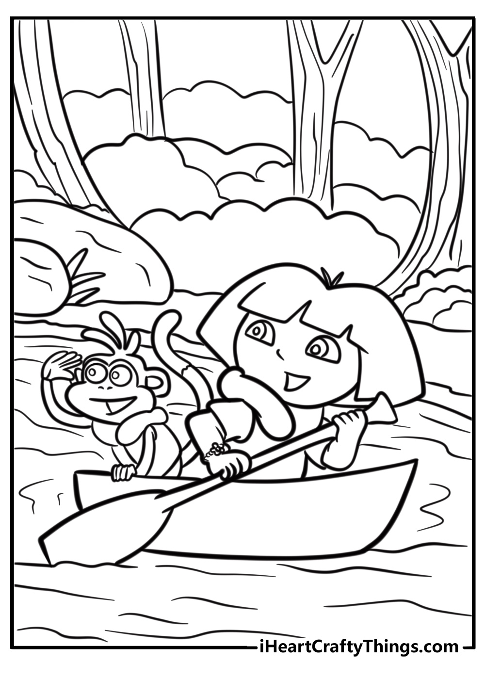 Dora riding a boat across the river fun coloring sheet