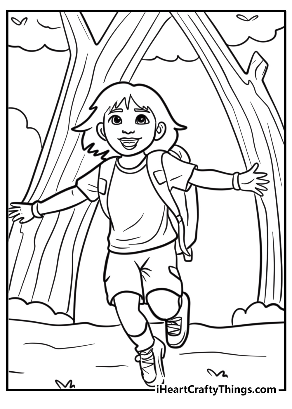 Dora smiling with her backpack coloring page for kids