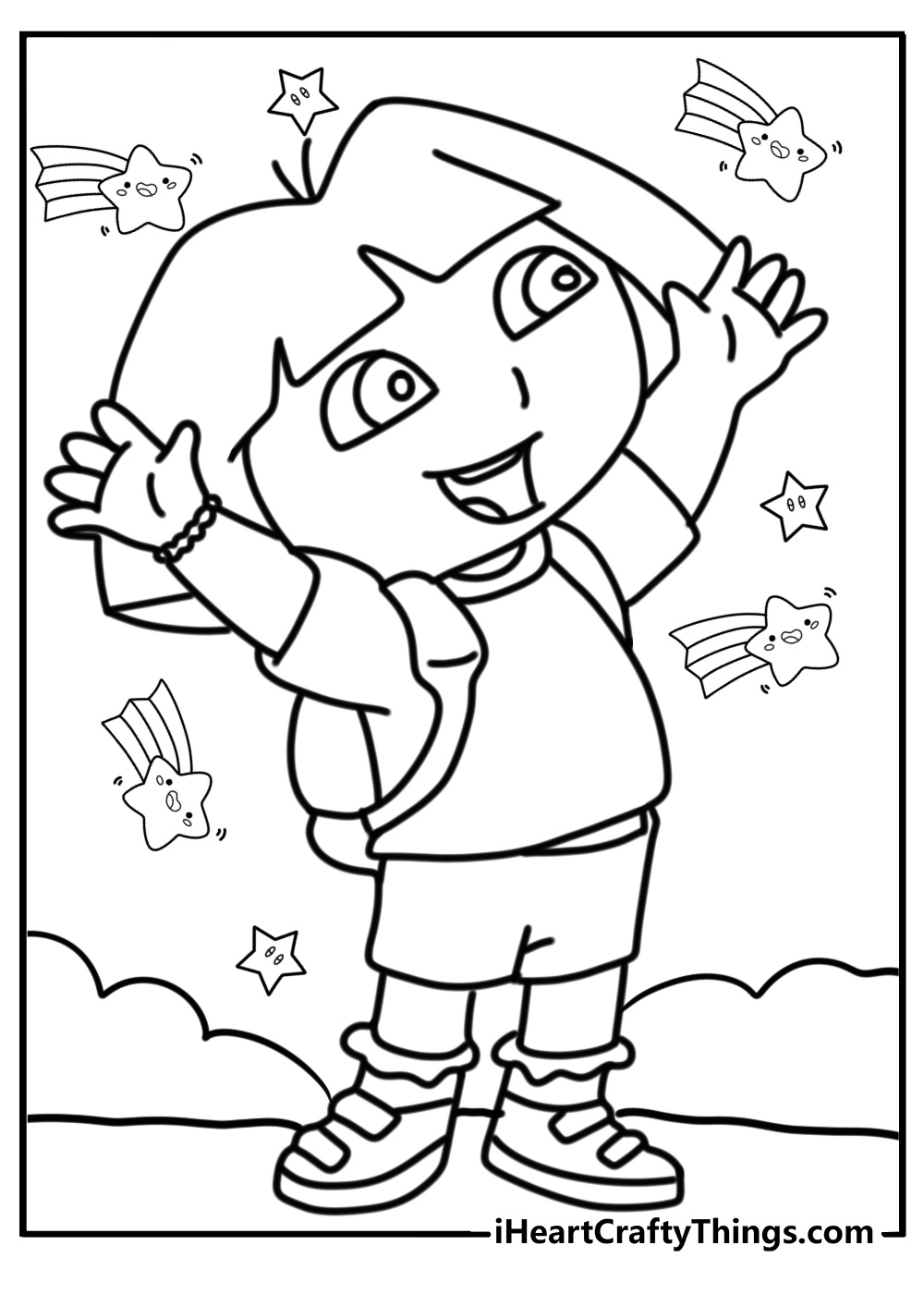 Dora waving goodbye after an adventure coloring sheet