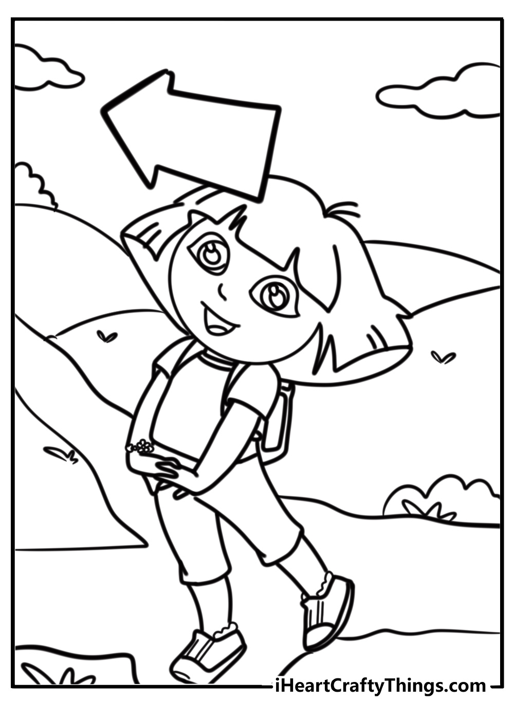 Dora with a compass navigating her way coloring sheet