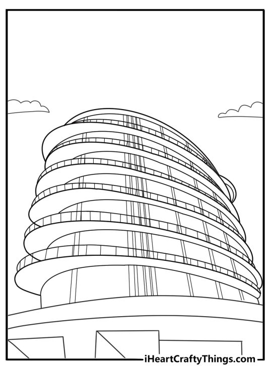 downtown coloring printable tram lines curving between modern glass towers