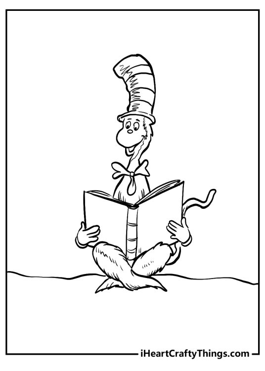 Detailed coloring printable for children presenting Cat In The Hat reading a book