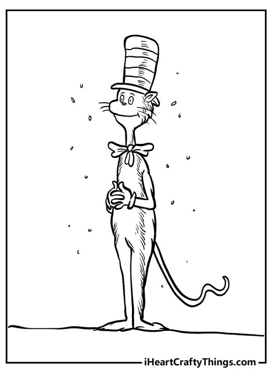 Black-and-white drawing presenting character Cat In The Hat looking unusually calm
