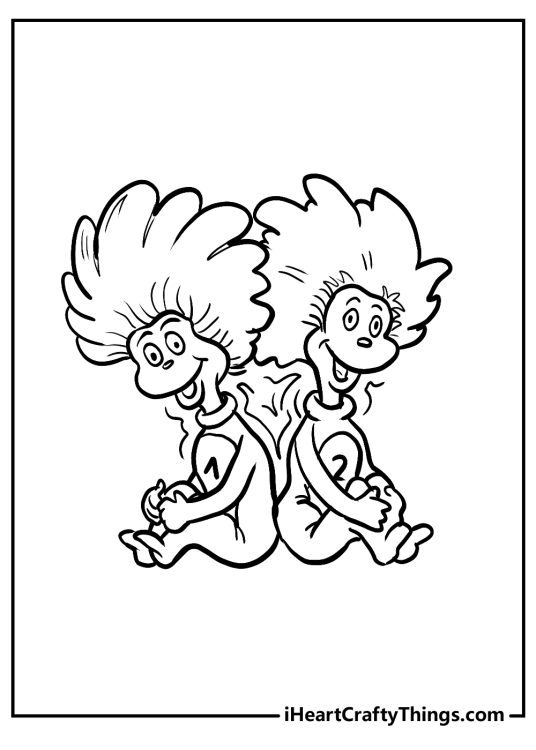 Cat In The Hat-themed picture featuring characters Thing 1 and 2 sitting together back to back