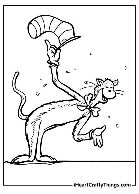 Printable picture for kids capturing Cat In The Hat tipping his hat to an audience
