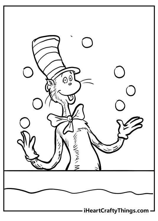 Detailed coloring image for kids capturing Cat In The Hat performing a juggling act