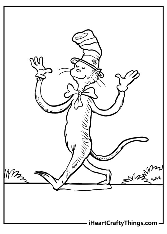 Coloring image featuring Cat In The Hat holding his arms up while taking a stroll outside