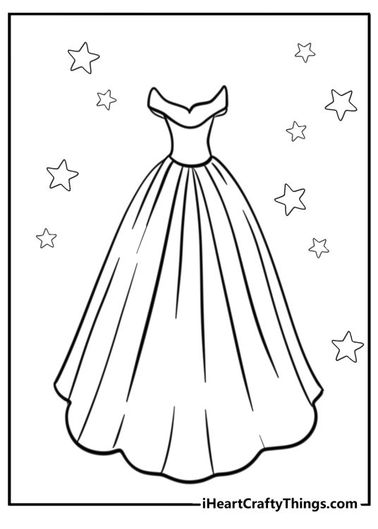 Dress-themed picture presenting off-shoulder princess ball gown with stars in the background
