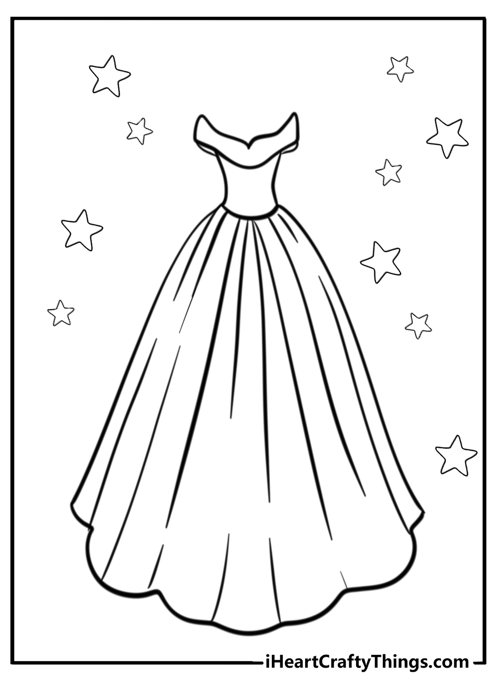 Dress coloring page of off shoulder princess ball gown