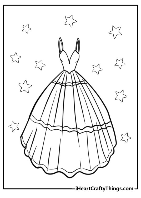 Dress-themed drawing of a strappy ball gown with plunging neckline and stars all around it