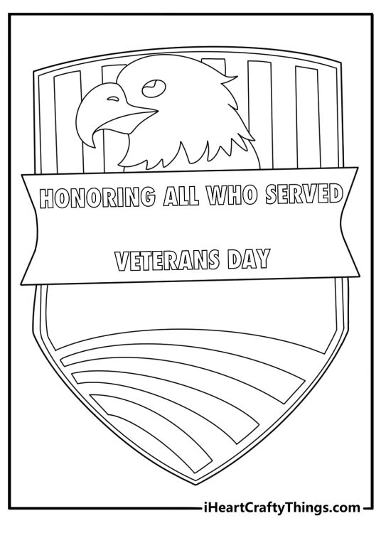 eagle and shield emblem with ribbon reading honoring all who served veterans day coloring sheet detailed printable pdf download