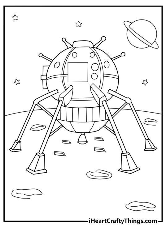 easy astronaut printable page lunar lander beside footprints and tool kit for kids