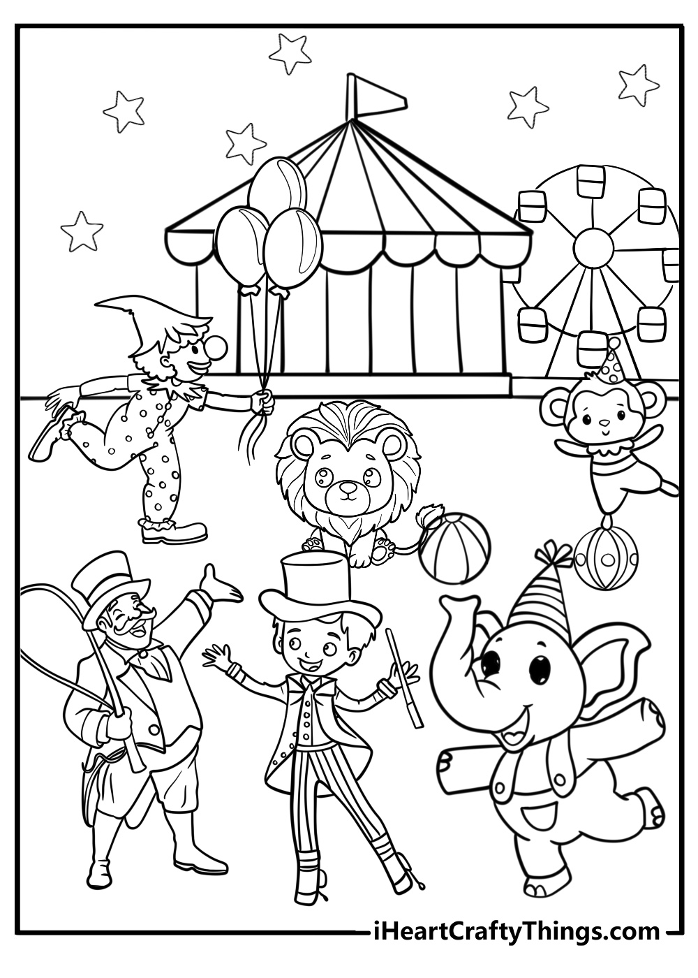 Easy circus coloring page with clowns magicians ringmaster lion elephant and monkey