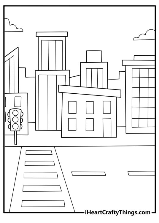 easy city coloring page wide boulevard with crosswalk and tall office towers