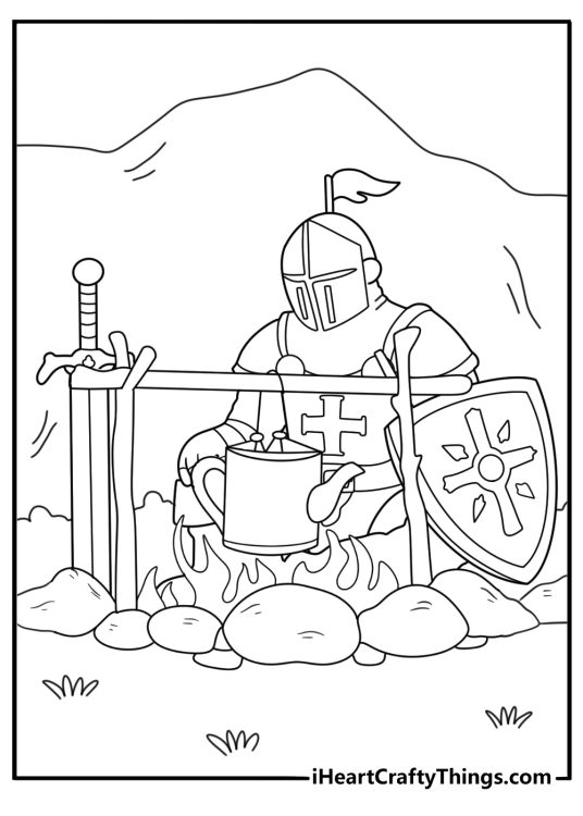 easy coloring page knight campfire with kettle and bedroll