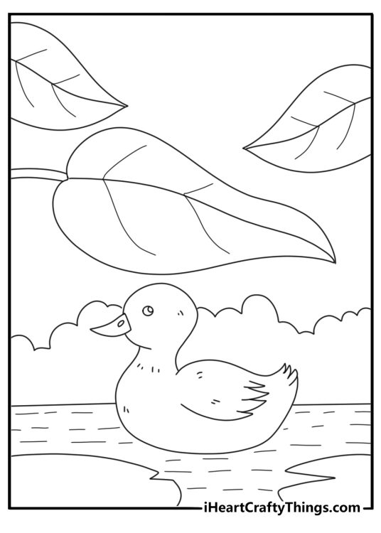 easy duck coloring page duckling resting on a leaf beside calm pond printable