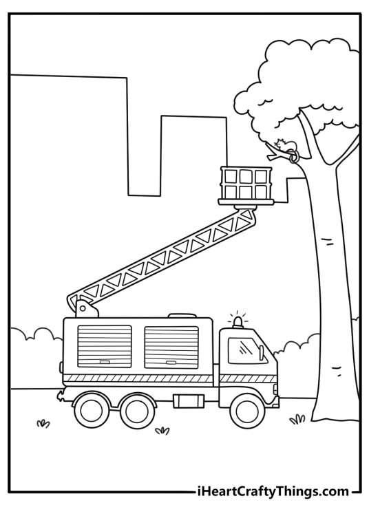 easy fire ladder truck coloring sheet with extended ladder rescuing a cat from a tall tree for kids