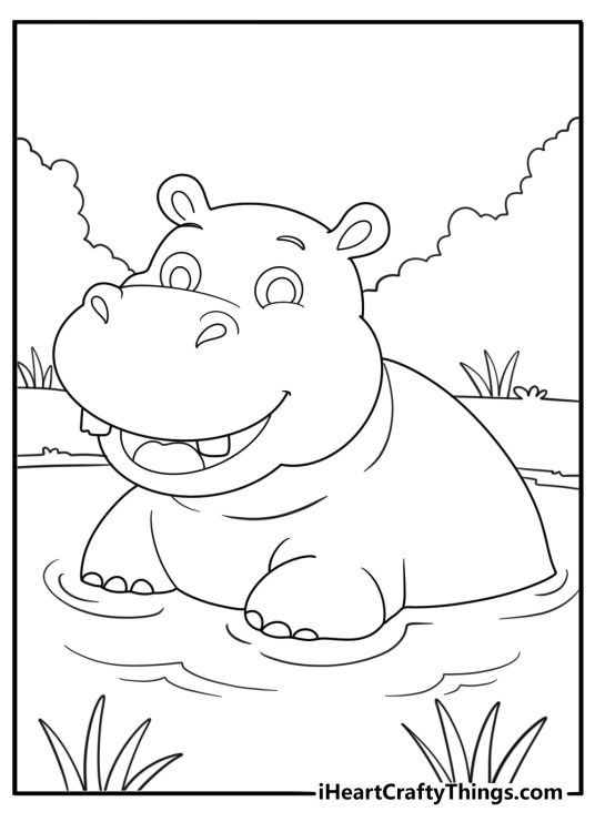 easy hippo coloring page for kids hippo standing in shallow river with reeds printable pdf