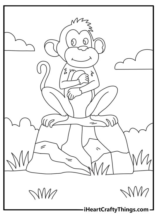 easy monkey sitting on a rock coloring sheet for kids
